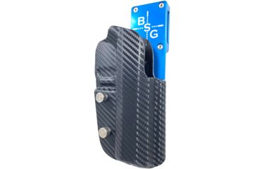 Image of Black Scorpion Outdoor Gear Pro Heavy Duty Competition Holster, Right Hand, SIG Sauer P320, 3.9 - 5in Barrel, 1.5 - 1.75in Belts, Kydex/ 6066 Aluminum, Carbon Fiber/Blue, HCD3-USPSABS-P320XCFRH