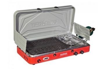 Image of Camp Chef Mountain Series Rainer Camper 2 Burner Stove/Grill/Griddle Combo, Red/Silver MS2GG