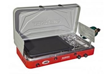 Image of Camp Chef Mountain Series Rainer Camper 2 Burner Stove/Grill/Griddle Combo, Red/Silver MS2GG