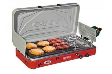 Image of Camp Chef Mountain Series Rainer Camper 2 Burner Stove/Grill/Griddle Combo, Red/Silver MS2GG