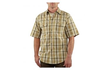 Image of Carhartt Standish Plaid Shortsleeve Shirt - Men's-Amber Yellow-Large