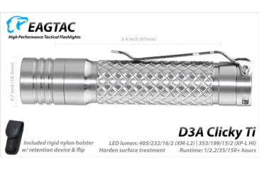 Image of EAGTAC D3A RC Titanium Flashlight,Luminus SST20 CRI-95 4000K NW LED, 275lm, Silver, D3A-CLICKY-TI-SST20-NW