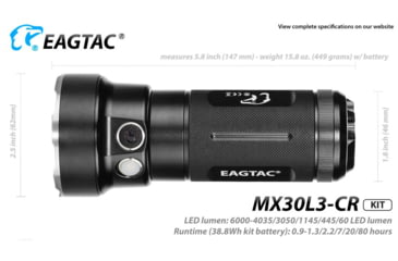 Image of EAGTAC MX30L3-CR Base Flashlight, 6 Nichia 219C CRI92 4000K LED, 3850lm, Black, MX30L3CR-6*219C-BASE-NW