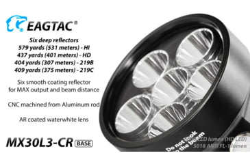 Image of EAGTAC MX30L3-CR Base Flashlight, 6 Nichia 219C CRI92 4000K LED, 3850lm, Black, MX30L3CR-6*219C-BASE-NW