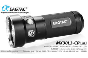 Image of EAGTAC MX30L3-CR Base Flashlight, 6 Nichia 219C CRI92 4000K LED, 3850lm, Black, MX30L3CR-6*219C-BASE-NW
