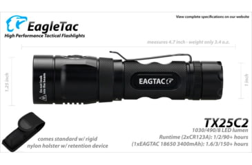 Image of EAGTAC TX25C2 Flashlight Kit, XM-L2 U2 NW LED, 1180lm, Black, TX25C2-XML2-KIT-NW