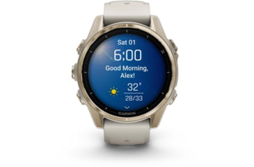 Image of Garmin fenix 8 AMOLED 43mm GPS Watch, Sapphire, Soft Gold with Fog Gray/Dark Sandstone Silicone Band, 010-02903-10