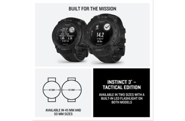 Image of Garmin Instinct 3 Solar Tactical Watch, Black, 50mm, Polymer/Aluminum, Black, Silicone, 010-02935-50