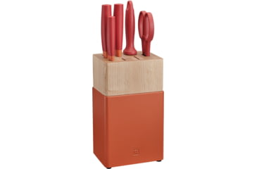 Image of HENCKELS ZWILLING Now S 6-Piece Orange Block Set, 8in Serrated Bread Blade/ 8in Chef's Blade/ 4in Paring Blade, Orange Polypropylene Handle, 53030-110