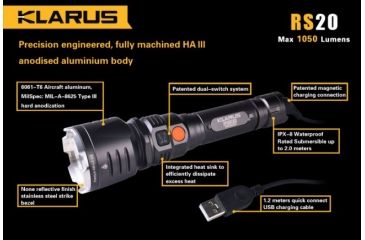 Image of Klarus RS20 XML2 1050 Lumen Waterproof LED Flashlight w/ Rechargeable Battery,Grey KLARUS-RS20-XML2