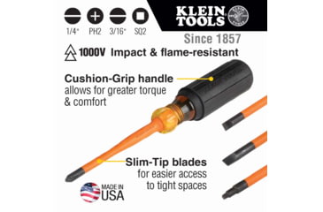 Image of Klein Tools Cabinet Screwdriver Set, Slim-Tip Insulated Phillips, Square, 4Piece, Orange/Black, 33734INS