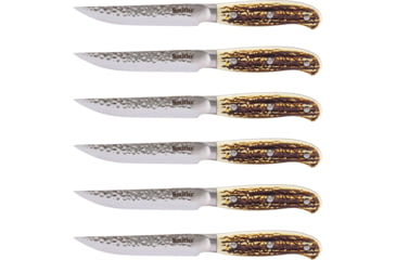 Image of Smith's Sharpeners Cabin and Lodge Steak Set, 9in Overall, 4.5in Hammered Finish 420 SS Blade, Imitation Stag Handle, Storage Block, Set Of Six, 51033