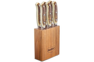 Image of Smith's Sharpeners Cabin and Lodge Steak Set, 9in Overall, 4.5in Hammered Finish 420 SS Blade, Imitation Stag Handle, Storage Block, Set Of Six, 51033