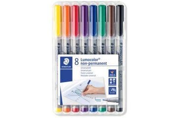 Image of Staedtler Lumocolor Non-Permanent F Width Pen Pack - 8 Colors w/ Stand-Up Box - Yellow, Red, Blue, Orange, Green, Purple, Brown, Black ST 316 WP8