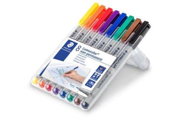 Image of Staedtler Lumocolor Non-Permanent F Width Pen Pack - 8 Colors w/ Stand-Up Box - Yellow, Red, Blue, Orange, Green, Purple, Brown, Black ST 316 WP8