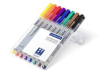 Image of Staedtler Lumocolor Non-Permanent Superfine Pen Pack - 8 Colors w/ Stand-Up Box - Yellow, Red, Blue, Orange, Green, Purple, Brown, Black ST 311 WP8