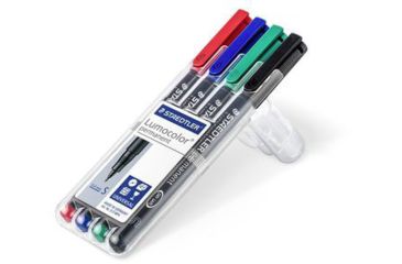 Image of Staedtler Lumocolor Permanent Superfine Pen Pack - 4 Colors w/ Stand-Up Box - Red, Blue, Green, Black ST 313 WP4