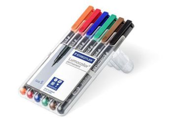 Image of Staedtler Lumocolor Permanent Superfine Pen Pack - 6 Colors w/ Stand-Up Box - Red, Blue, Orange, Green, Brown, Black ST 313 WP6
