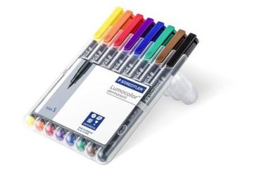 Image of Staedtler Lumocolor Permanent Superfine Pen Pack - 8 Colors w/ Stand-Up Box - Yellow, Red, Blue, Orange, Green, Purple, Brown, Black ST 313 WP8