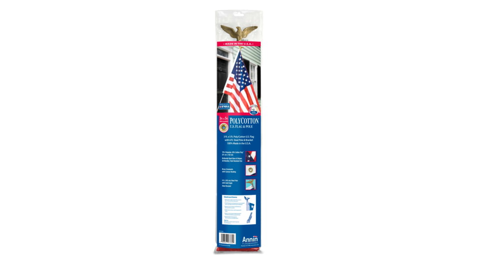 Annin Flags US Polycotton Flag Set With Pole, Red/White/Blue, 3ft x 5ft Flag, 6ft Steel Pole, 011320R