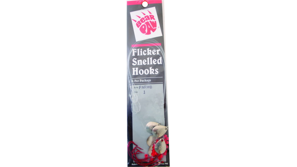BearPaw Flicker Snelled Hook, Wide Gap, Kahle Red, 12in Mono, Size 1, 6 per Pack, FNRWB-1