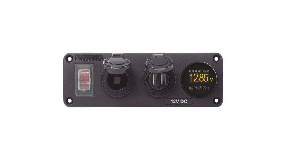Blue Sea Systems 4366 Water Resistant USB Accessory Panel - Circuit Breaker, 12V Socket, Dual USB Charger, Mini Voltmeter 75136