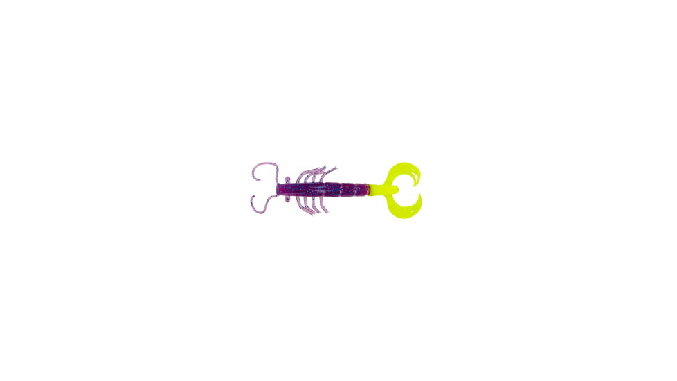 Big Bite Baits Shrimp Soft Baits, 6 per Pack, Electric Purple/Opaque Chartreuse Tail, 3 inch, PRW3-00