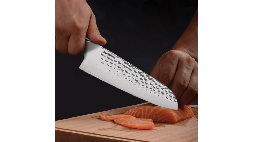 Cool Hand Santoku Ebony Fixed Blade Knife, 12in Overall, 7in Hammered Finish 440C Stainless Blade, Ebony Wood Handle, 7197CE