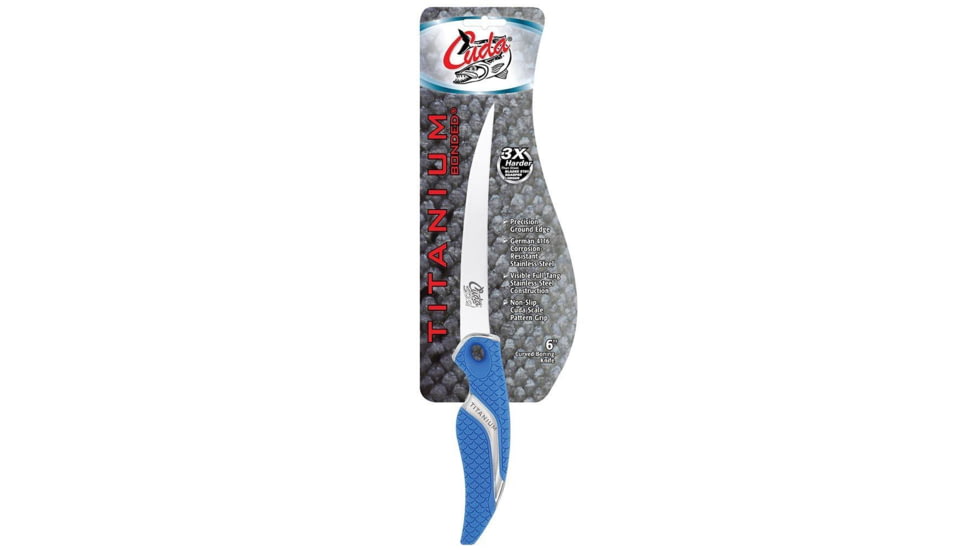 Cuda 6in Titanium Bonded Curved Boning Knive, Titanium Bonded Blade, Non-Slip Cuda Scale Pattern, 18833