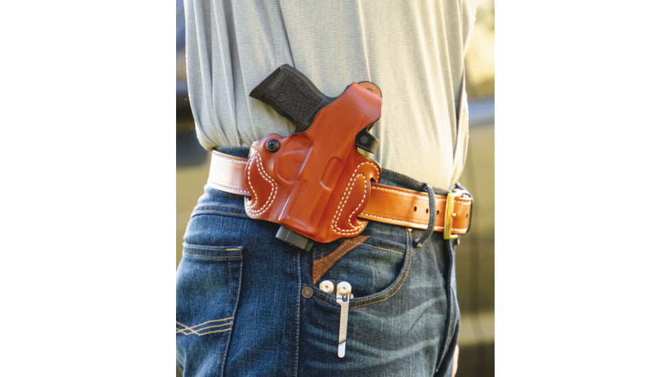 DeSantis Thumb Break Mini Slide Leather OWB Holster, H&amp;K CC9 with or w/o Red Dot, Left Hand, Leather Construction, Matte Finish, Black, 085BB7ZZ0