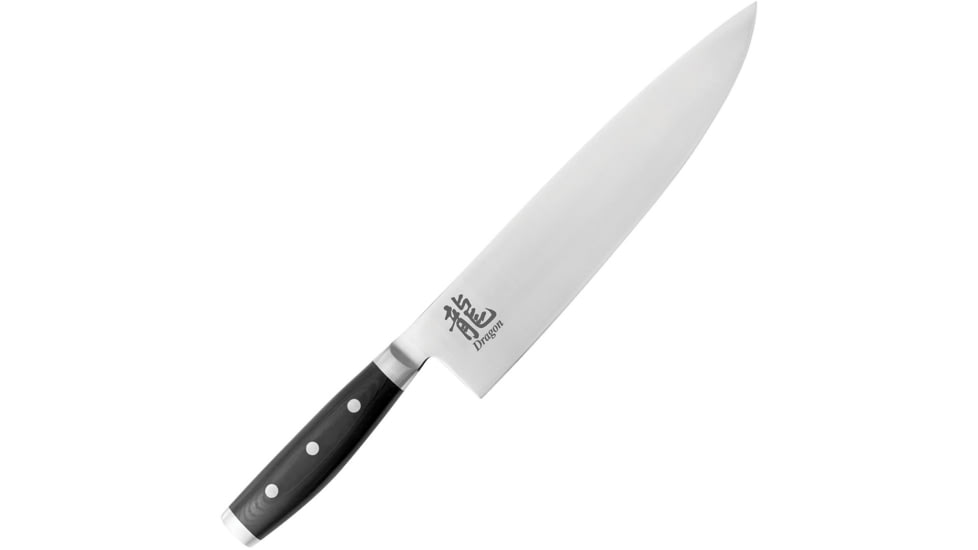 Dragon by Apogee Chefs Knife, 10in, CTS-BD1 SS blade Kitchen Knives, 15.25in Overall, 10in Satin Cts-Bd1 SS Blade, SS Bolster, Fda Approved Black Resin And Linen Canvas Micarta Handle, DRGN-CHEF-1000