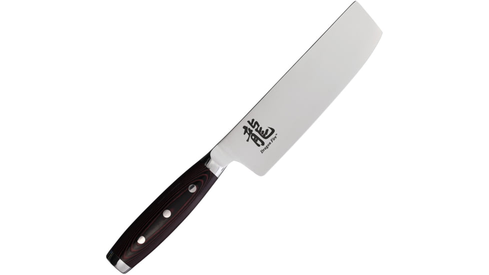 Dragon by Apogee Nakiri Knife, 12 1/2in, Satin, CTS-BD1 SS blade Kitchen Knives, 12.5in Overall, 7.25in Satin Cts-Bd1 SS Blade, SS Bolster, Fda Approved Red Resin And Linen Canvas Micarta Handle, DRGF-NAKI-0700