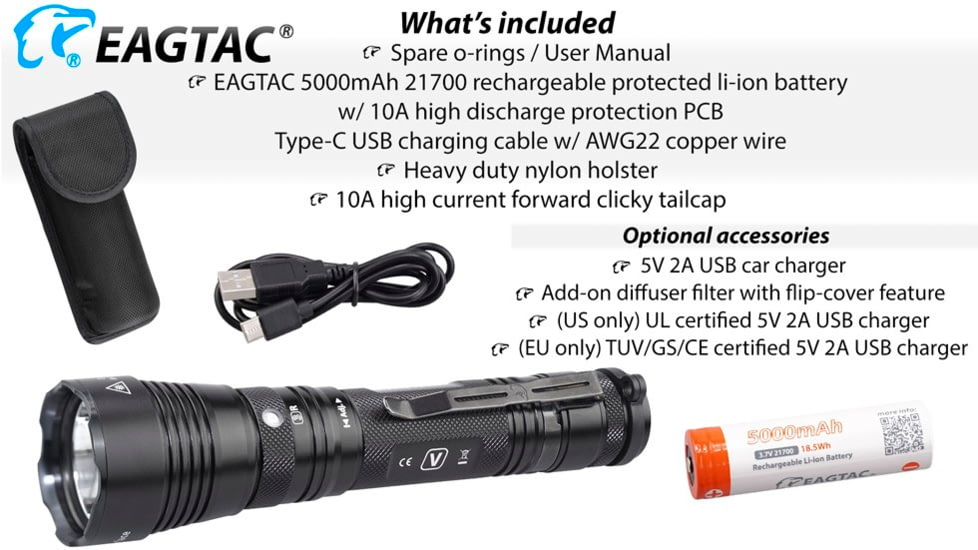 EAGTAC G3V XHP70.2 Flashlight, 21700 5000mAh li-ion, NW LED, 2990 Lumen, Black, G3V-XHP702-NW