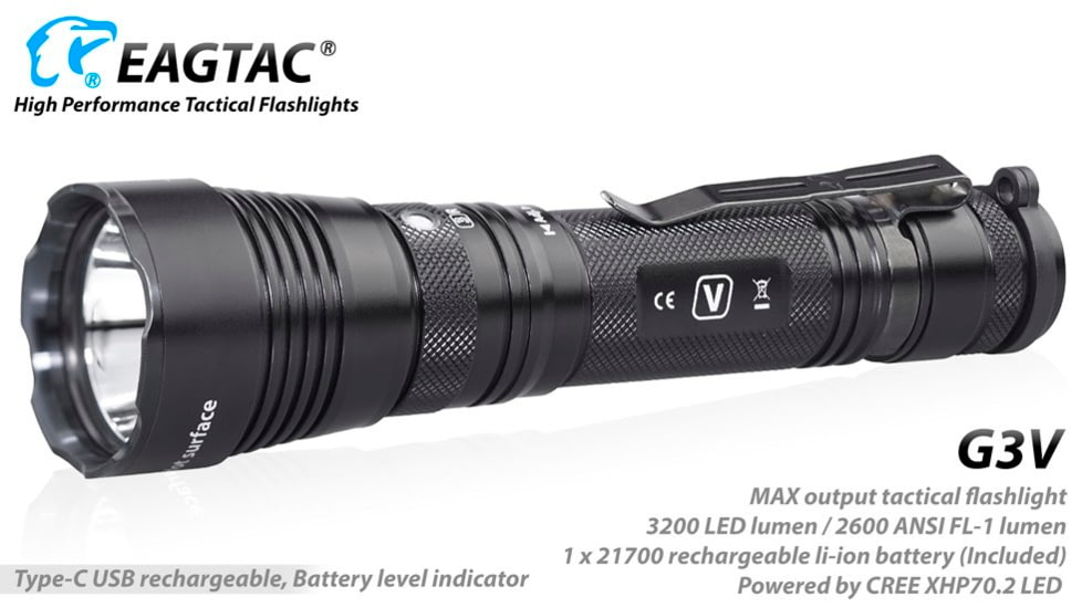 EAGTAC G3V XHP70.2 Flashlight, 21700 5000mAh li-ion, NW LED, 2990 Lumen, Black, G3V-XHP702-NW