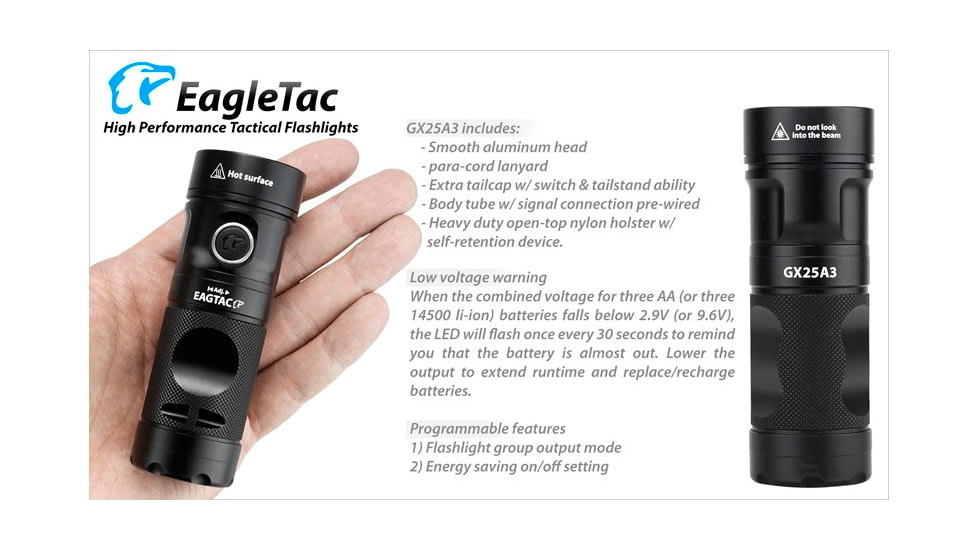 EAGTAC GX25A3 Flashlight, XM-L2 U2 NW LED, 1105lm, Black, GX25A3-XML2-NW