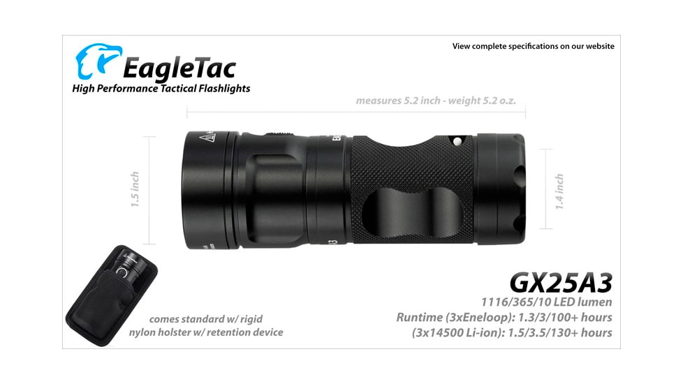 EAGTAC GX25A3 Flashlight, XM-L2 U2 NW LED, 1105lm, Black, GX25A3-XML2-NW