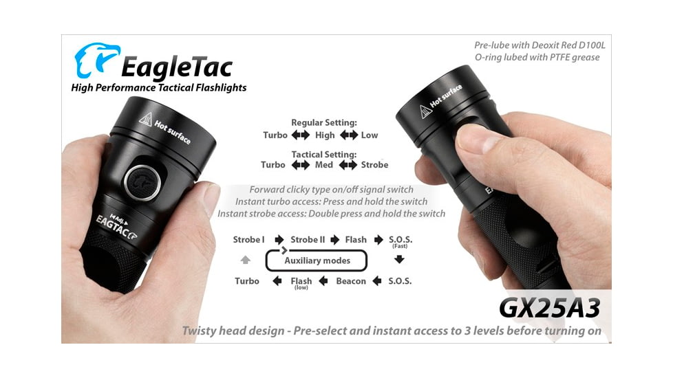 EAGTAC GX25A3 Flashlight, XM-L2 U2 NW LED, 1105lm, Black, GX25A3-XML2-NW