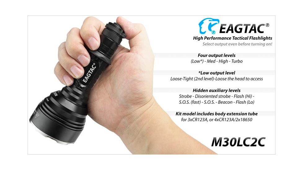 EAGTAC M30LC2-C Flashlight Kit, 3 Nichia 219B CRI-92 LED, 1000lm, Black, M30LC2C-3*219B-KIT-NW
