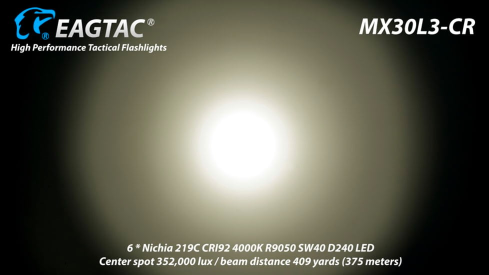 EAGTAC MX30L3-CR Base Flashlight, 6 Nichia 219C CRI92 4000K LED, 3850lm, Black, MX30L3CR-6*219C-BASE-NW