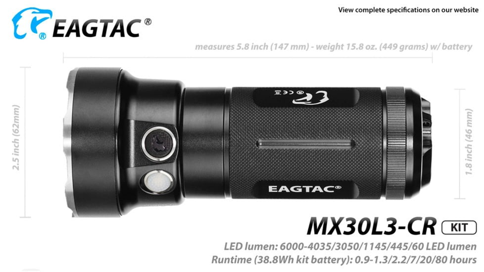 EAGTAC MX30L3-CR Base Flashlight, 6 Nichia 219C CRI92 4000K LED, 3850lm, Black, MX30L3CR-6*219C-BASE-NW