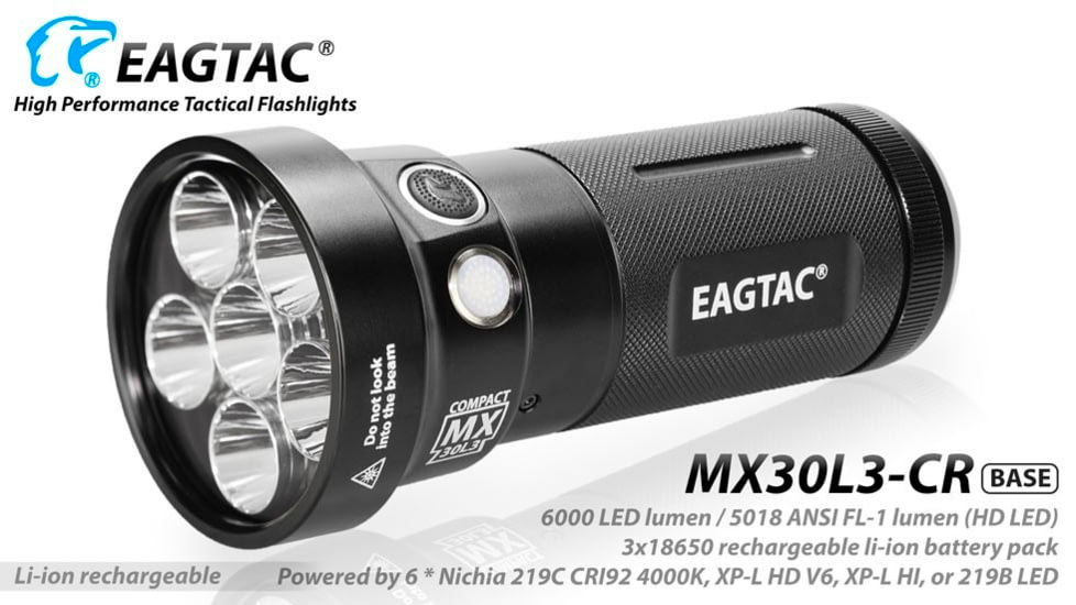 EAGTAC MX30L3-CR Base Flashlight, 6 Nichia 219C CRI92 4000K LED, 3850lm, Black, MX30L3CR-6*219C-BASE-NW