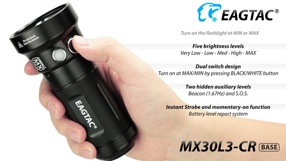 EAGTAC MX30L3-CR Base Flashlight, 6 Nichia 219C CRI92 4000K LED, 3850lm, Black, MX30L3CR-6*219C-BASE-NW