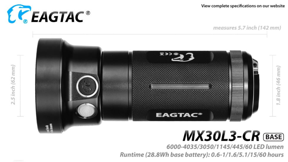 EAGTAC MX30L3-CR Base Flashlight, 6 Nichia 219C CRI92 4000K LED, 3850lm, Black, MX30L3CR-6*219C-BASE-NW
