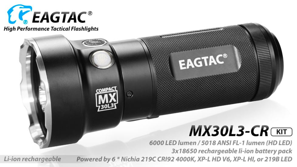EAGTAC MX30L3-CR Base Flashlight, 6 Nichia 219C CRI92 4000K LED, 3850lm, Black, MX30L3CR-6*219C-BASE-NW