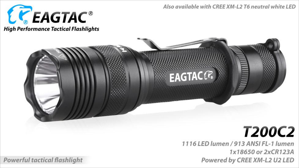 Eagtac T200C2 XML2 U4 1277 Lumen Tactical Flashlight, Black, Medium, T200C2XML2