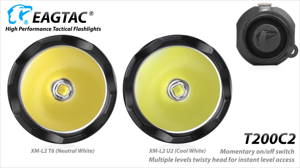Eagtac T200C2 XML2 U4 1277 Lumen Tactical Flashlight, Black, Medium, T200C2XML2