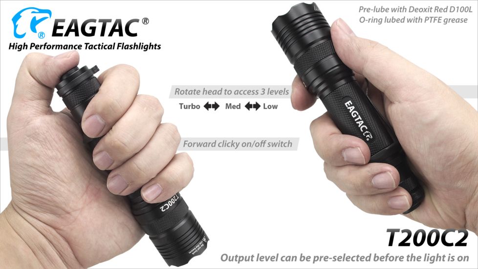 Eagtac T200C2 XML2 U4 1277 Lumen Tactical Flashlight, Black, Medium, T200C2XML2