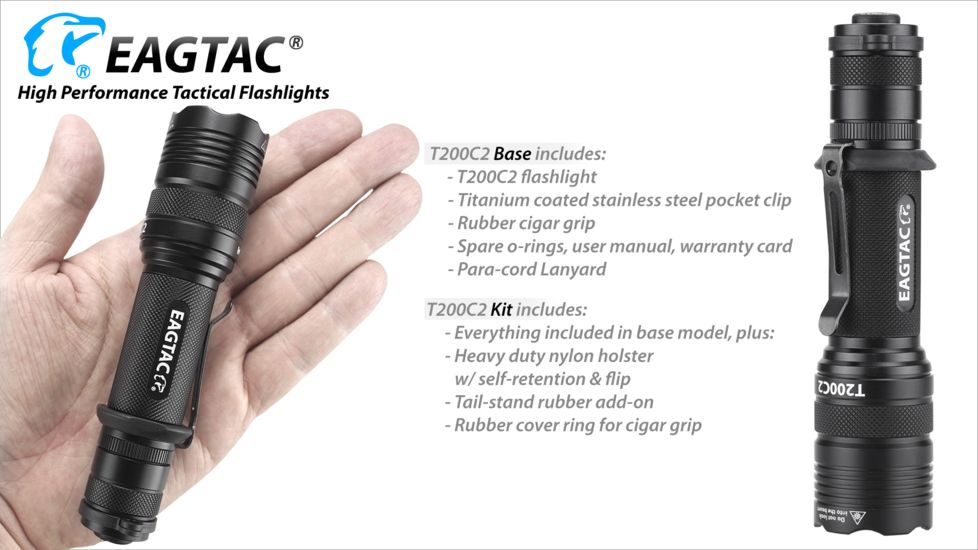 Eagtac T200C2 XML2 U4 1277 Lumen Tactical Flashlight, Black, Medium, T200C2XML2