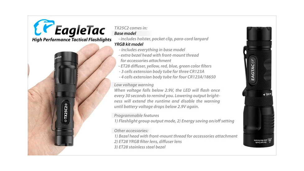 EAGTAC TX25C2 Flashlight Kit, XM-L2 U2 NW LED, 1180lm, Black, TX25C2-XML2-KIT-NW