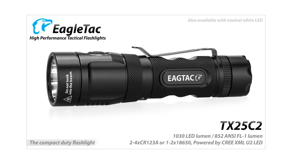 EAGTAC TX25C2 Flashlight Kit, XM-L2 U2 NW LED, 1180lm, Black, TX25C2-XML2-KIT-NW